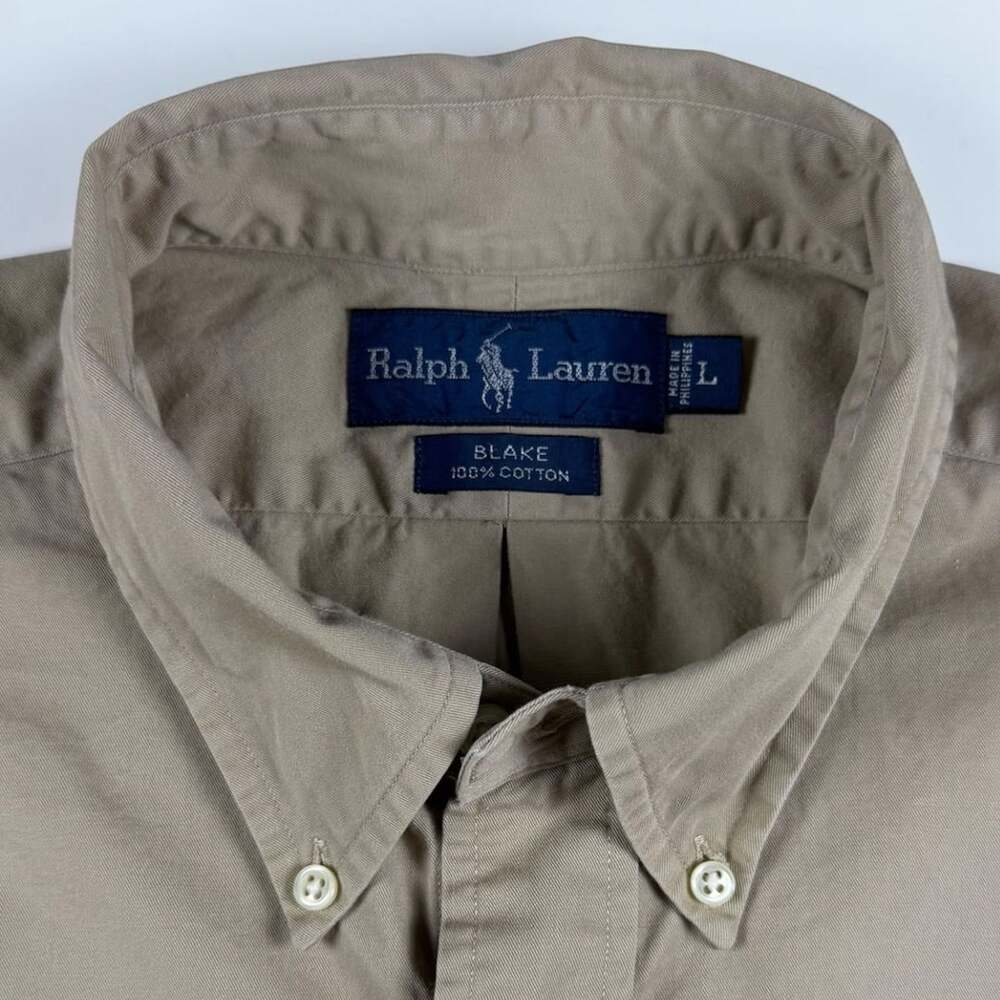 Vintage Ralph Lauren Blake Shirt Mens L Khaki Tan Button Down 100% Cotton